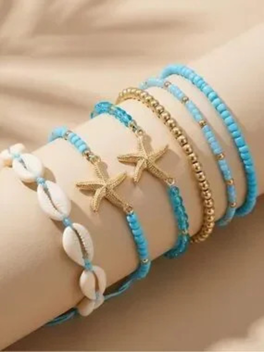 Sea turquoise Blue Beaded Bracelet Stack with Shell boho